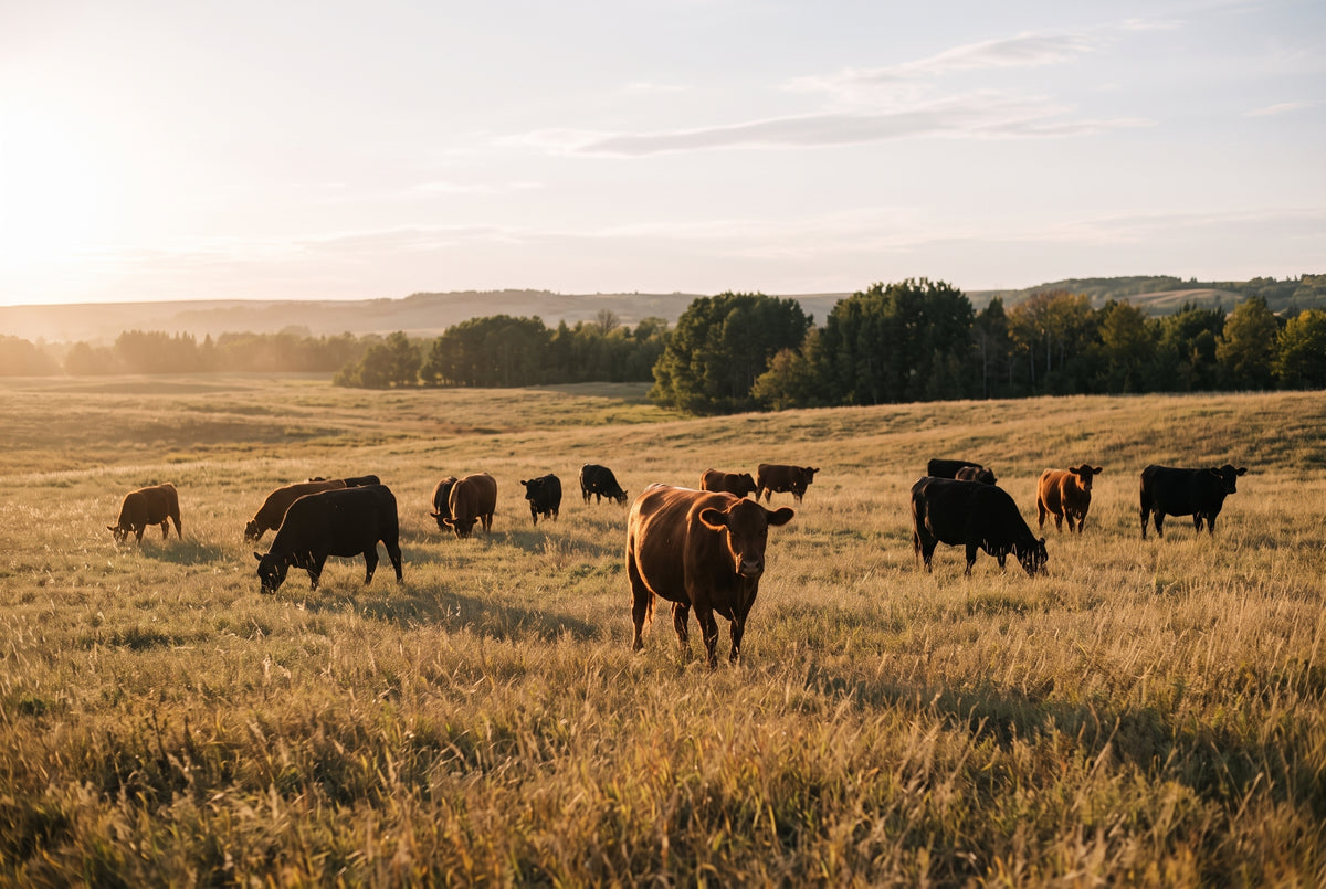 Grass-fed cattle on open pasture